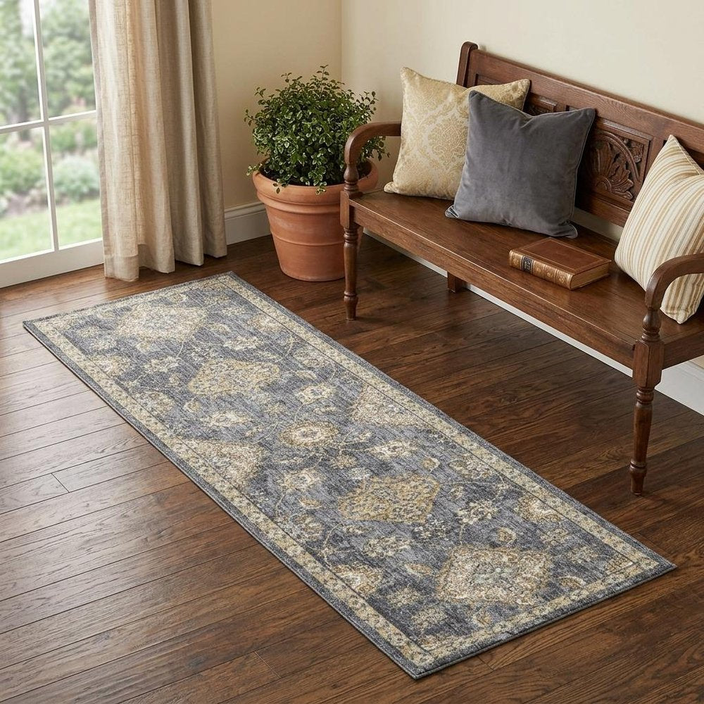8' X 11' Sage And Slate Gray Wool Floral Medallion Distressed Area Rug