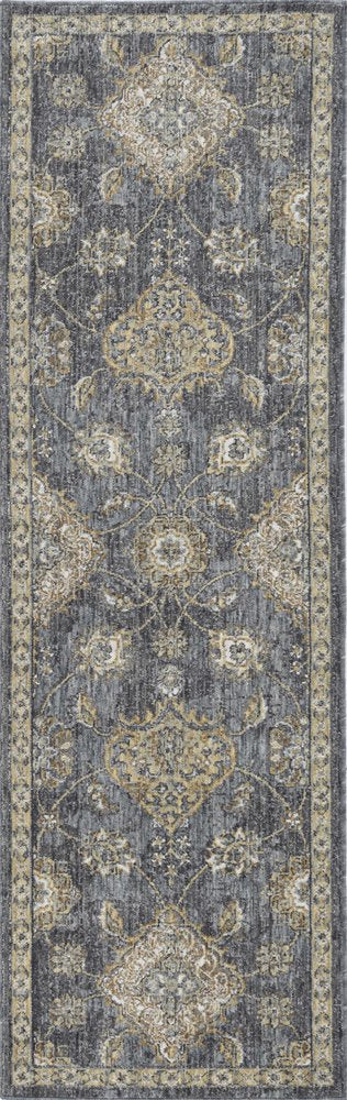 7' Sage And Slate Gray Wool Floral Medallion Runner Rug
