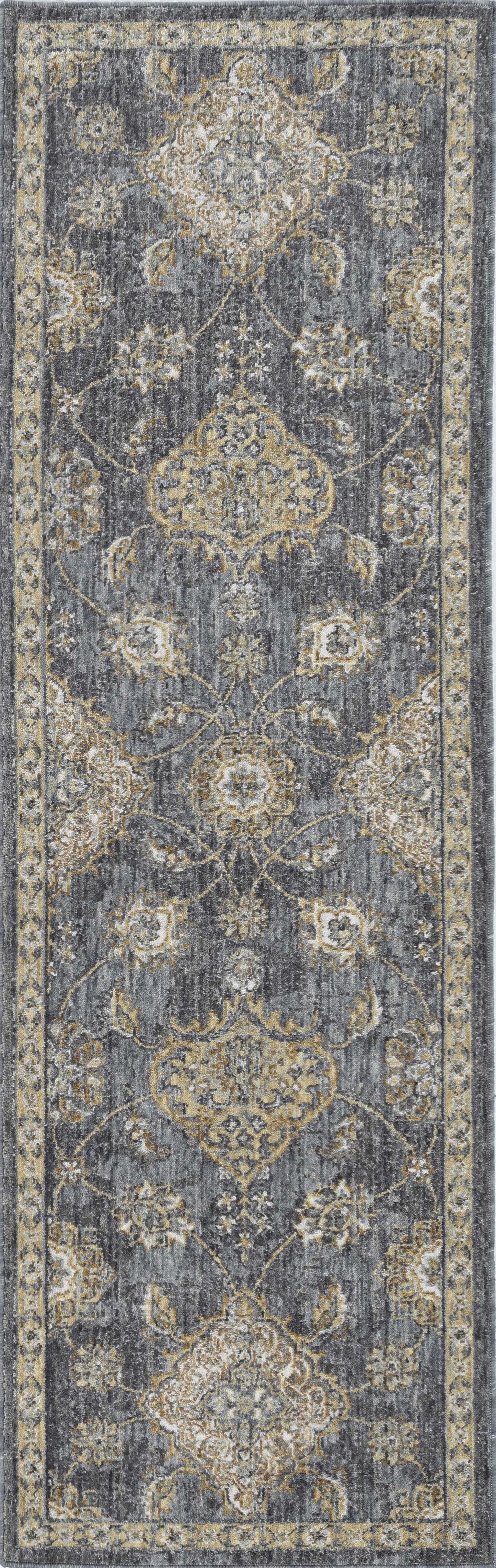 7' Sage And Slate Gray Wool Floral Medallion Runner Rug