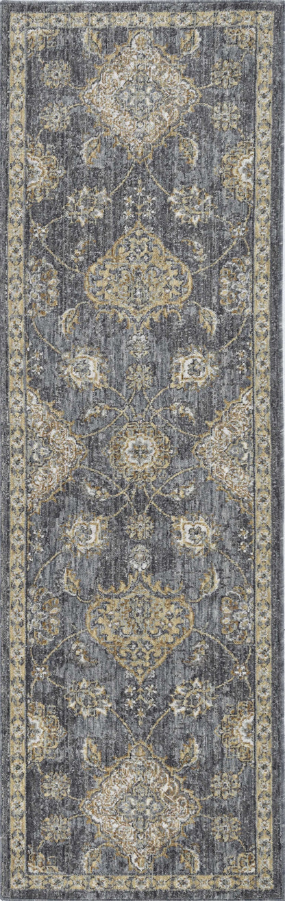7' Sage And Slate Gray Wool Floral Medallion Runner Rug