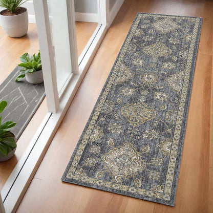 7' Sage And Slate Gray Wool Floral Medallion Runner Rug