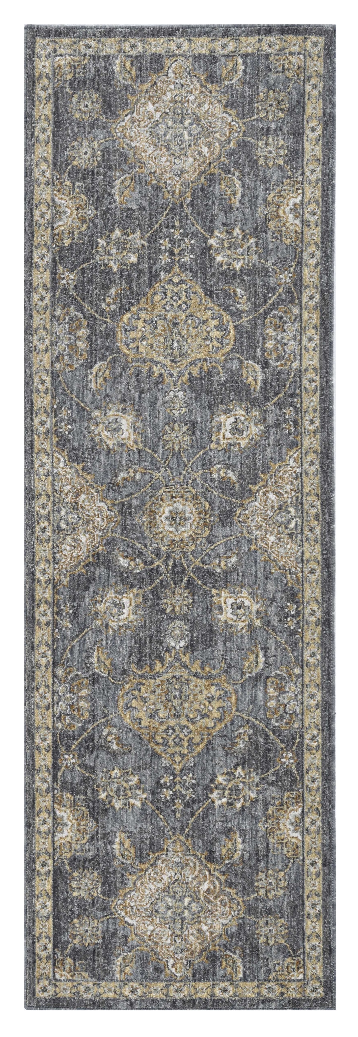 7' Sage And Slate Gray Wool Floral Medallion Runner Rug