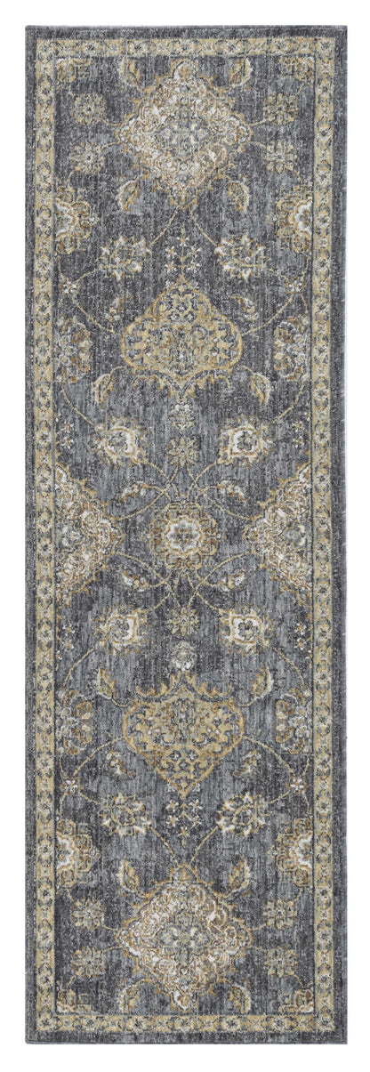 7' Sage And Slate Gray Wool Floral Medallion Runner Rug