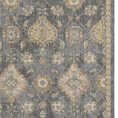 7' Sage And Slate Gray Wool Floral Medallion Runner Rug