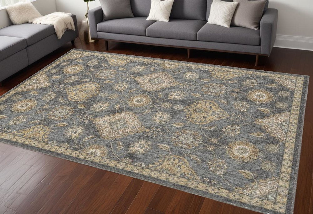 7' Sage And Slate Gray Wool Floral Medallion Runner Rug