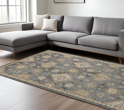 7' Sage And Slate Gray Wool Floral Medallion Runner Rug
