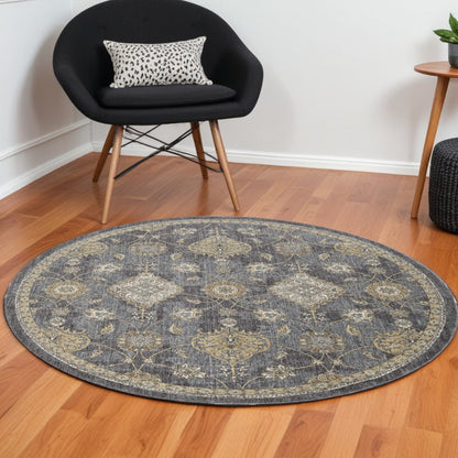 7' Sage And Slate Gray Wool Floral Medallion Runner Rug