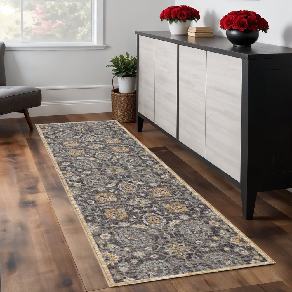 8' Taupe Orange And Gray Wool Floral Distressed Runner Rug