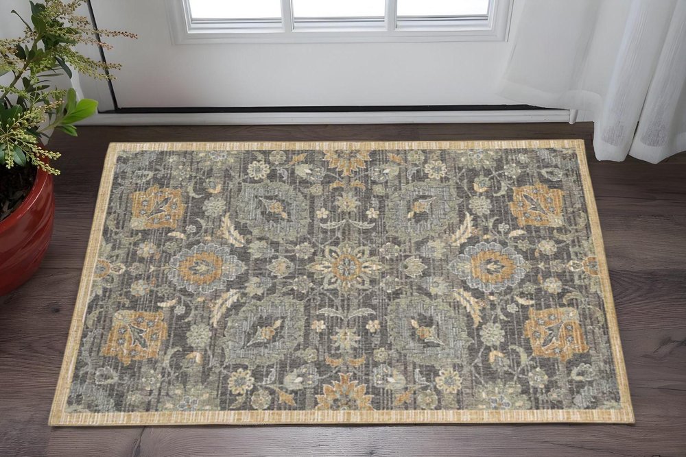 9' X 13' Taupe Orange And Gray Wool Floral Distressed Area Rug