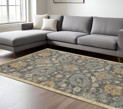 8' Taupe Orange And Gray Wool Floral Distressed Runner Rug