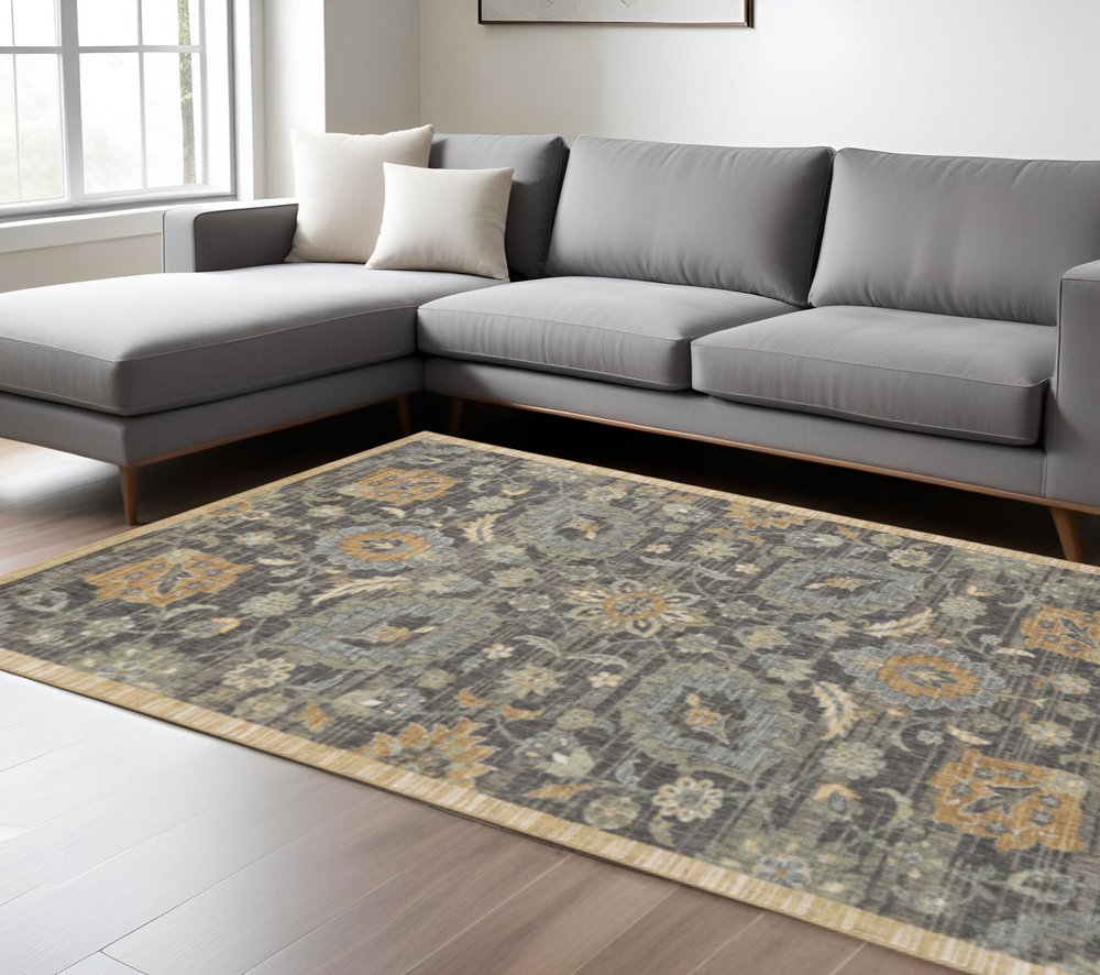 8' Taupe Orange And Gray Wool Floral Distressed Runner Rug
