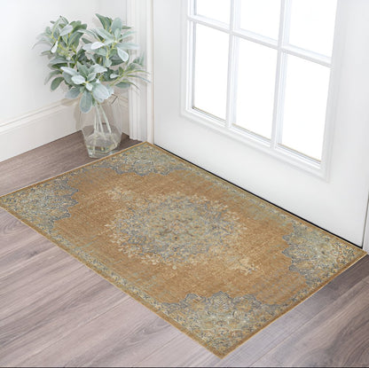8' X 11' Brown And Gray Wool Medallion Distressed Area Rug