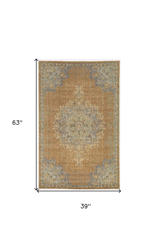 3' X 5' Coffee Brown Machine Woven Floral Medallion Indoor Area Rug