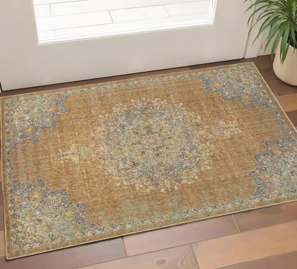 8' X 11' Brown And Gray Wool Medallion Distressed Area Rug