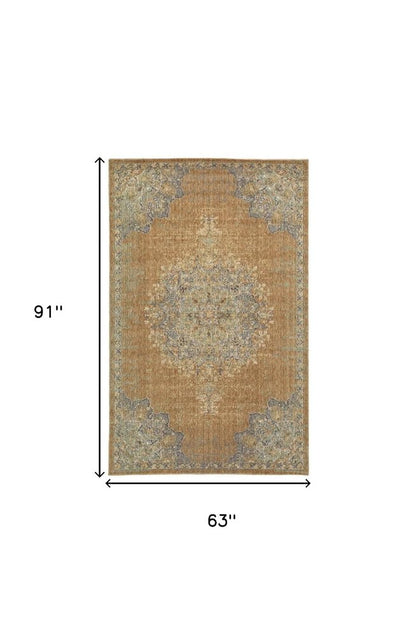 5' X 7' Brown And Gray Wool Medallion Area Rug