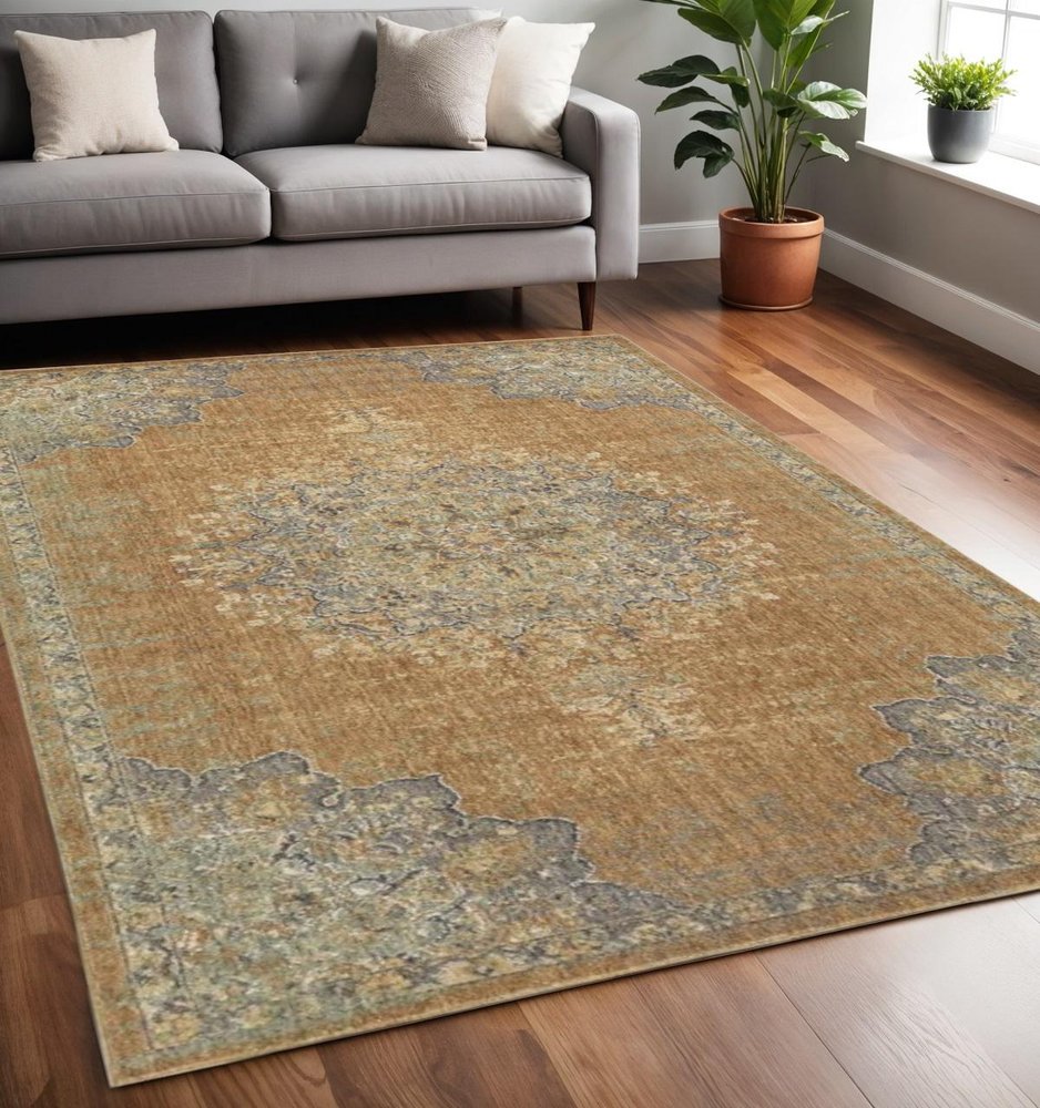 8' X 11' Brown And Gray Wool Medallion Distressed Area Rug