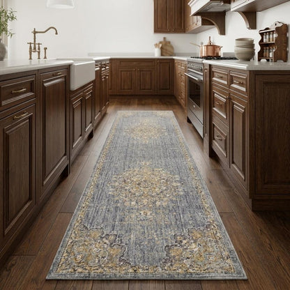 7' X 10' Slate Gray And Orange Wool Medallion Area Rug