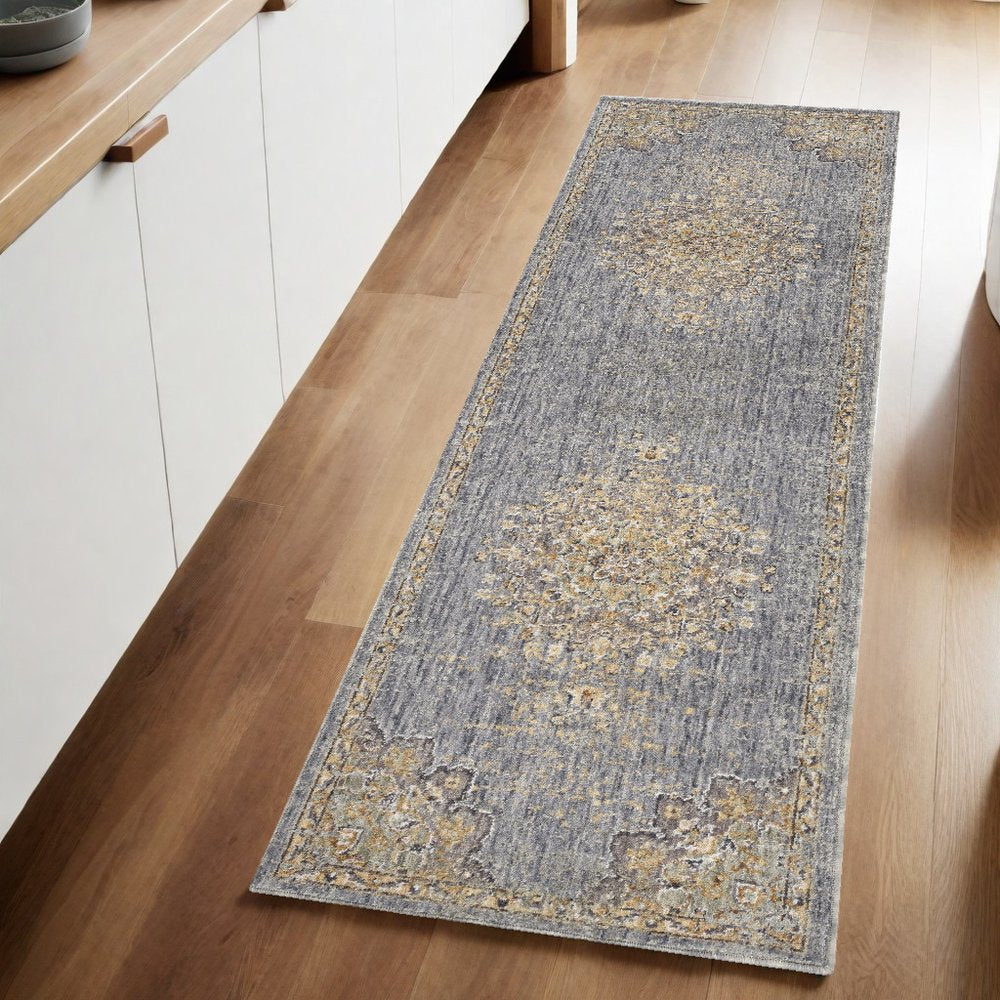 5' X 8' Slate Gray And Orange Wool Medallion Distressed Area Rug