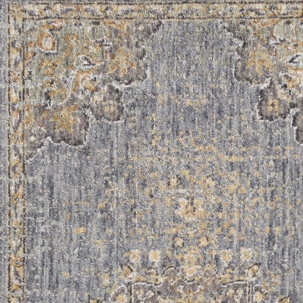8' Slate Gray And Orange Wool Medallion Distressed Runner Rug