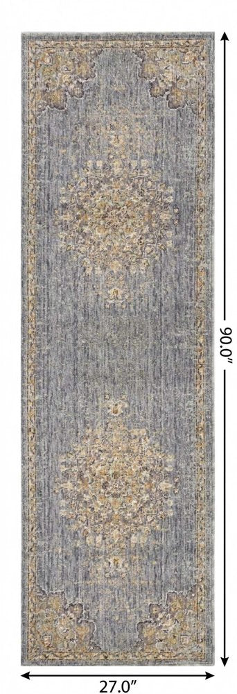 8' Slate Gray And Orange Wool Medallion Distressed Runner Rug