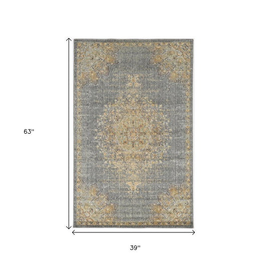 8' Slate Gray And Orange Wool Medallion Distressed Runner Rug