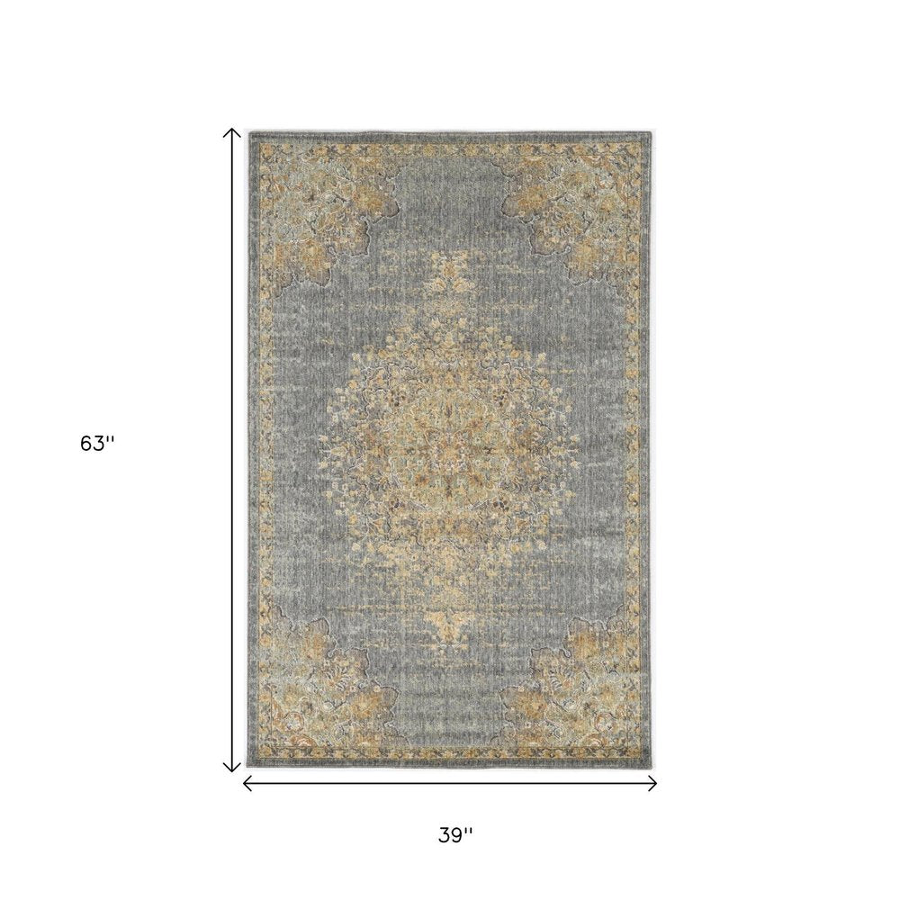 7' X 10' Slate Gray And Orange Wool Medallion Area Rug