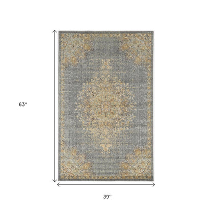 7' X 10' Slate Gray And Orange Wool Medallion Area Rug