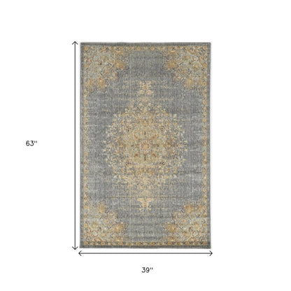 5' X 8' Slate Gray And Orange Wool Medallion Distressed Area Rug