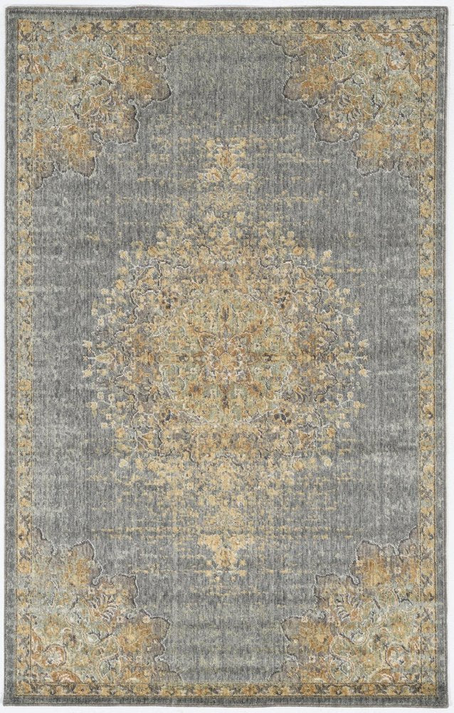 7' X 10' Slate Gray And Orange Wool Medallion Area Rug