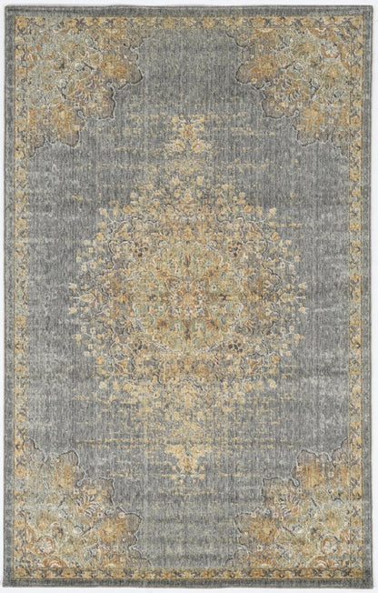 7' X 10' Slate Gray And Orange Wool Medallion Area Rug