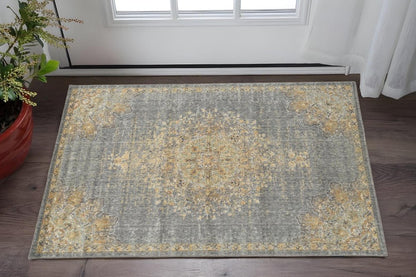 7' X 10' Slate Gray And Orange Wool Medallion Area Rug