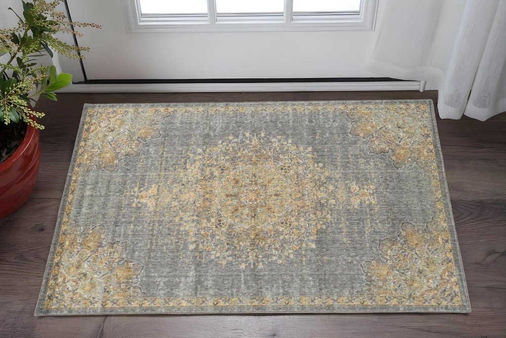 8' Slate Gray And Orange Wool Medallion Distressed Runner Rug
