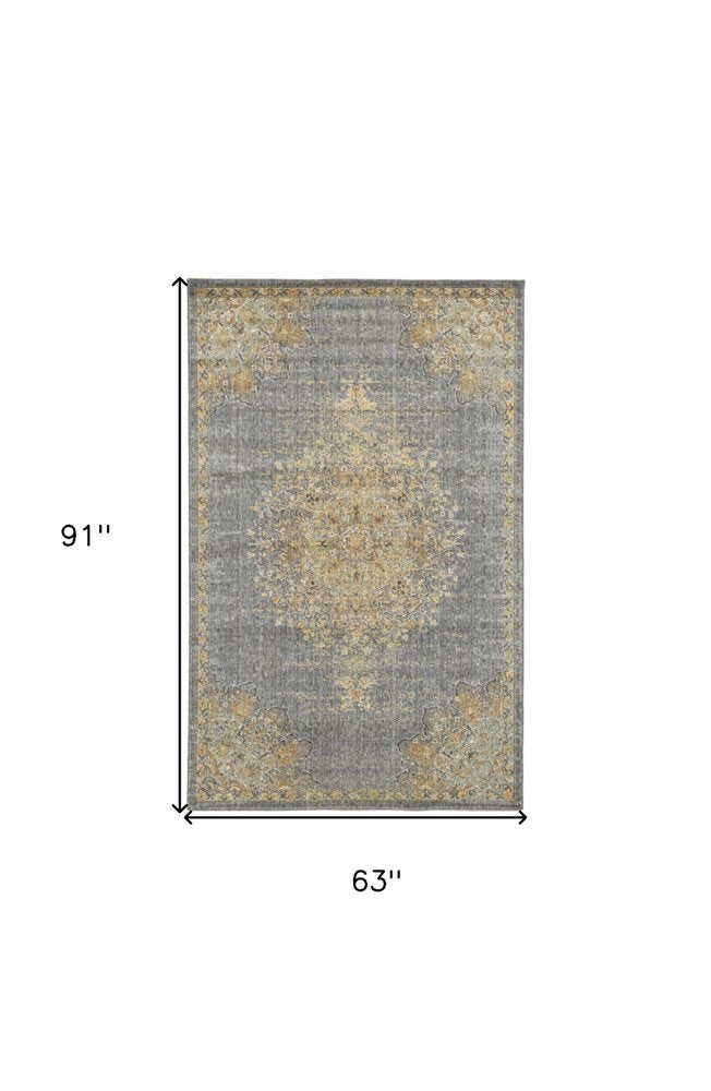 5' X 8' Slate Gray And Orange Wool Medallion Distressed Area Rug