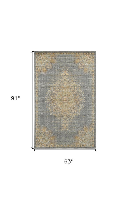 5' X 8' Slate Gray And Orange Wool Medallion Distressed Area Rug