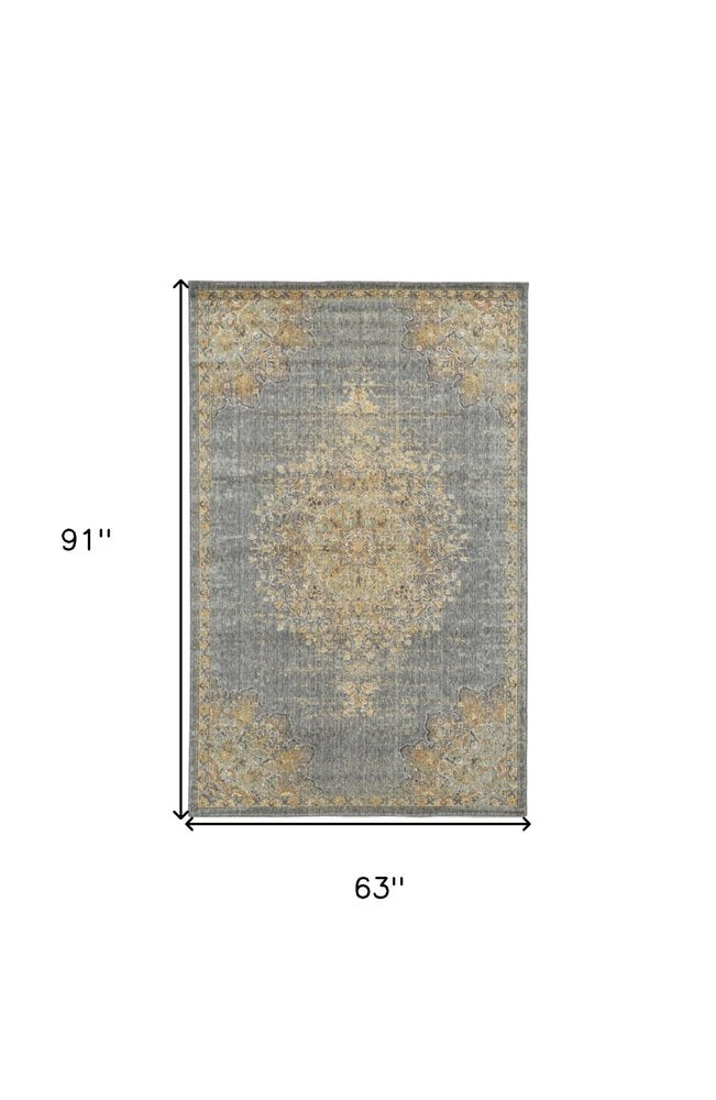 7' X 10' Slate Gray And Orange Wool Medallion Area Rug