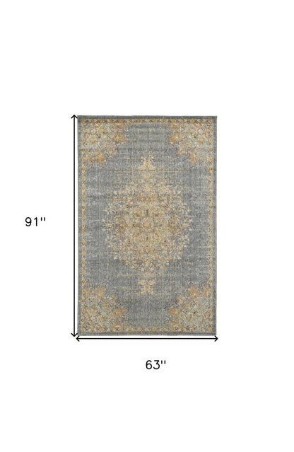 7' X 10' Slate Gray And Orange Wool Medallion Area Rug