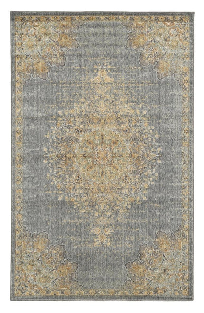 7' X 10' Slate Gray And Orange Wool Medallion Area Rug
