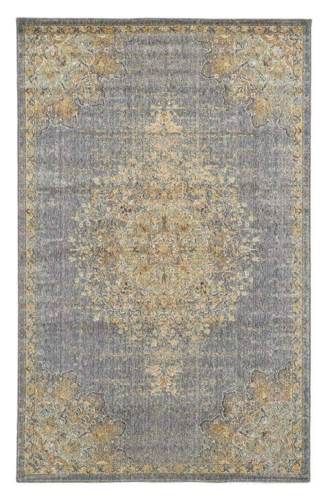 7' X 10' Slate Gray And Orange Wool Medallion Area Rug