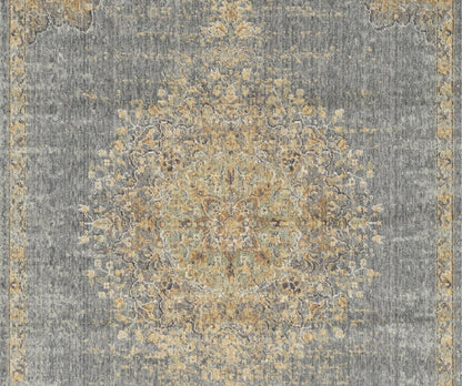 8' Slate Gray And Orange Wool Medallion Distressed Runner Rug