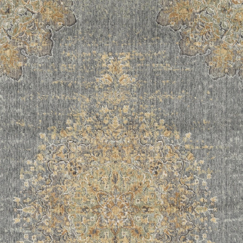 8' Slate Gray And Orange Wool Medallion Distressed Runner Rug