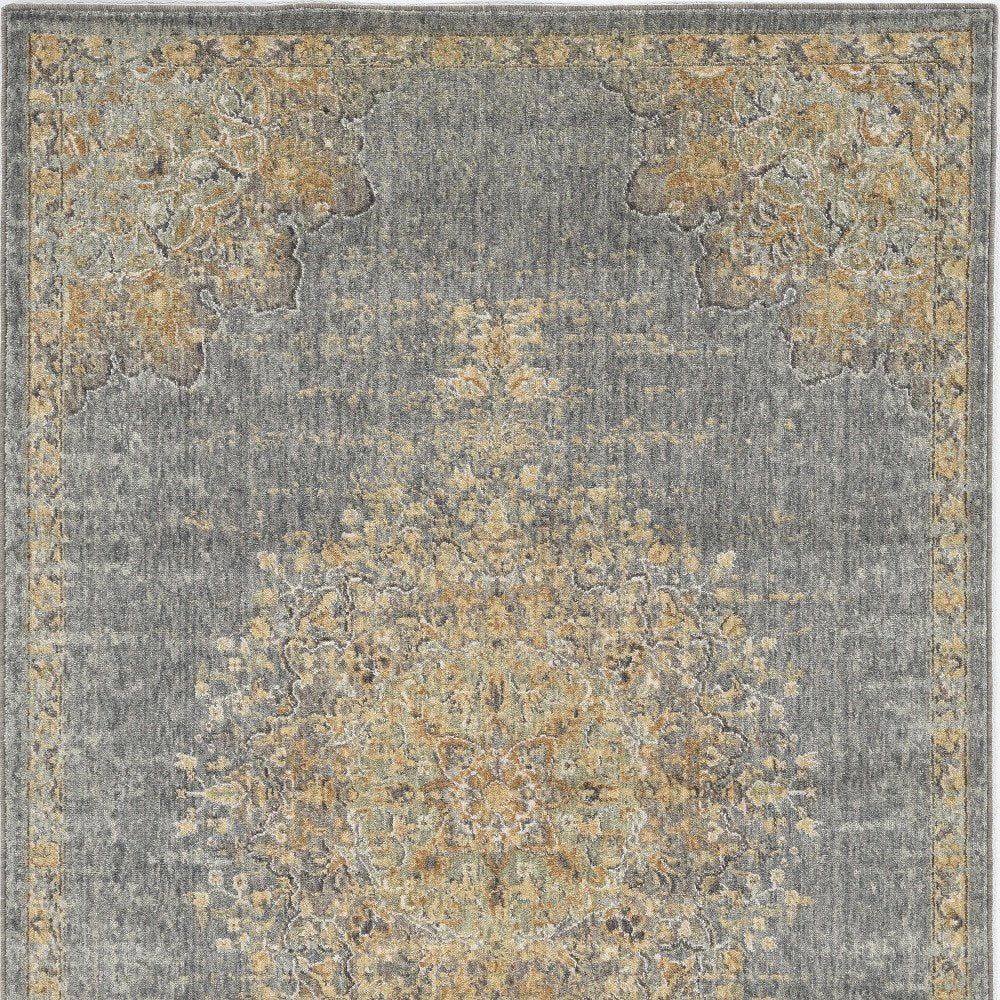 8' Slate Gray And Orange Wool Medallion Distressed Runner Rug