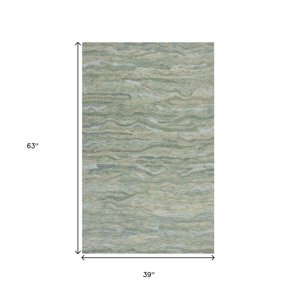 3' X 5' Blue Green And Beige Abstract Hand Tufted Area Rug