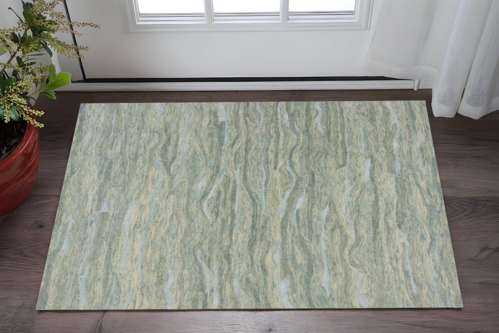 3' X 5' Blue Green And Beige Abstract Hand Tufted Area Rug