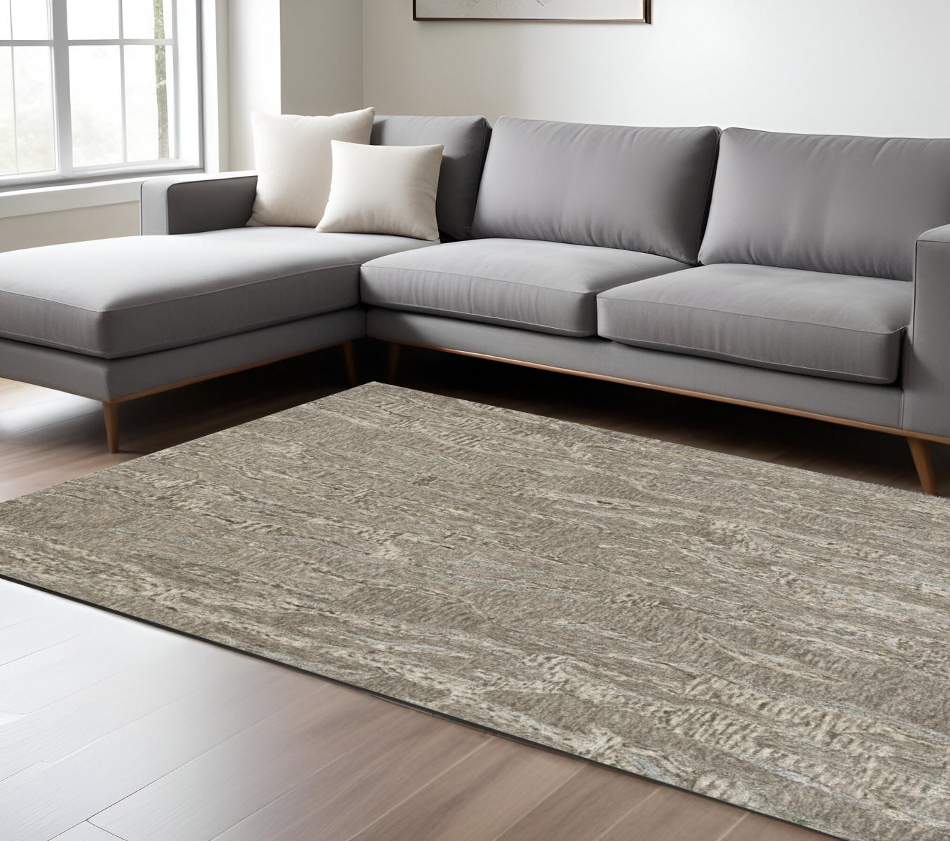 8' X 10' Sand And Gray Abstract Hand Tufted Area Rug