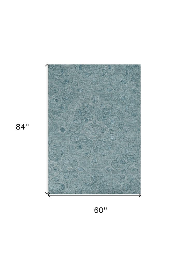 5' X 7' Blue And White Wool Abstract Hand Tufted Area Rug