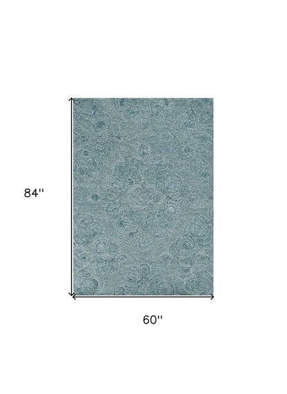 5' X 7' Blue And White Wool Abstract Hand Tufted Area Rug