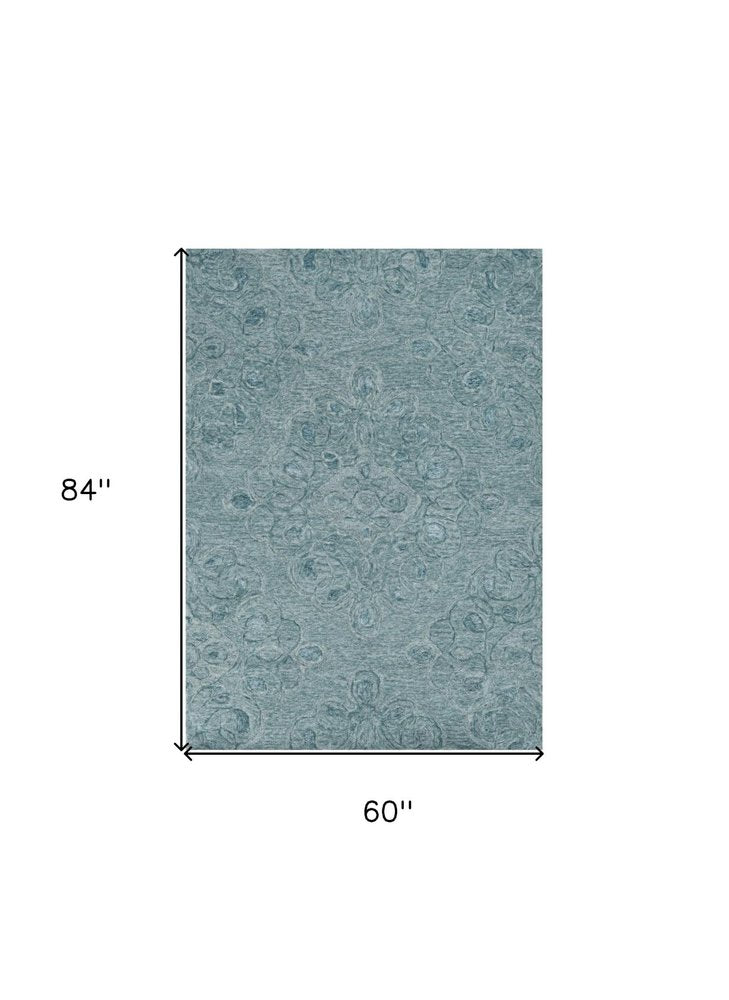 5' X 7' Blue And White Wool Abstract Hand Tufted Area Rug