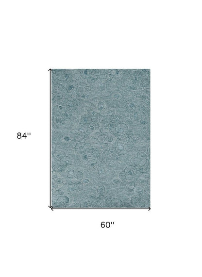 5' X 7' Blue And White Wool Abstract Hand Tufted Area Rug