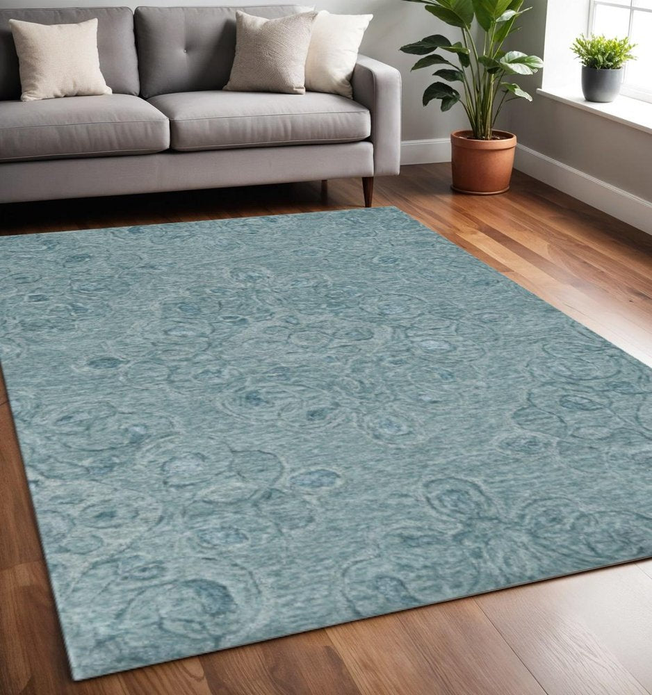 5' X 7' Blue And White Wool Abstract Hand Tufted Area Rug
