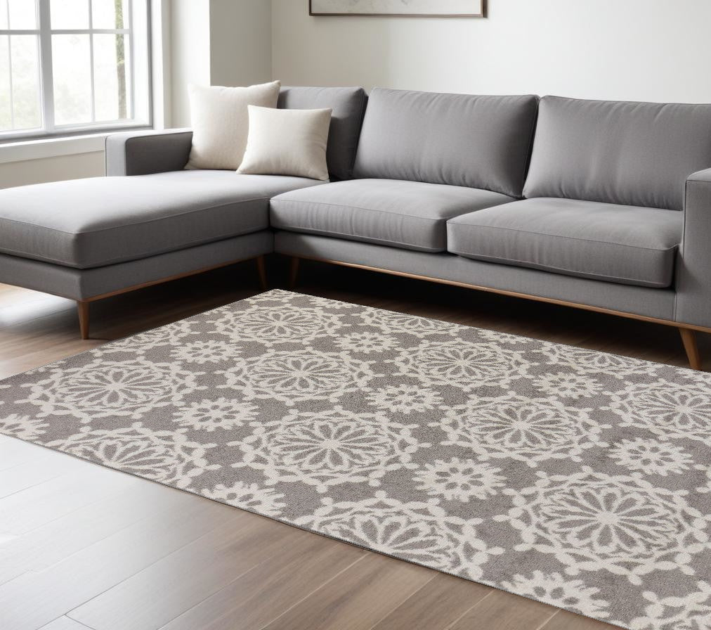 9' X 13' Gray and Ivory Floral Area Rug